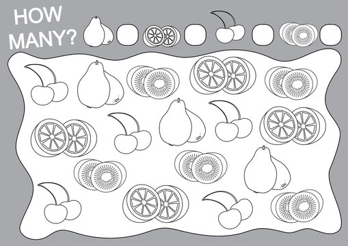Coloring book and educational game how many fruits for children. Vector illustration.