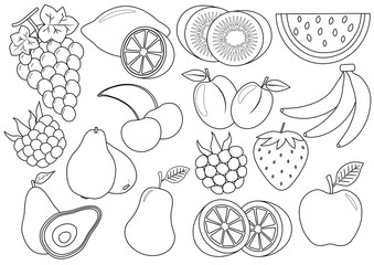 Coloring book. Fruits and berries cartoon. Icons. Vector illustration.
