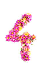 letters and numbers made from live flowers isolated on white background, make text with flowers alphabet, exclusive idea for graphic