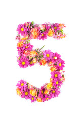 letters and numbers made from live flowers isolated on white background, make text with flowers alphabet, exclusive idea for graphic