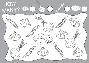 Count how many vegetables. Coloring page. Educational game for preschool children. Leisure activity. Vector illustration.
