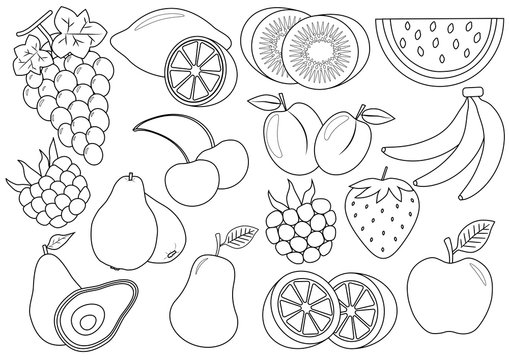 Coloring book. Fruits and berries cartoon. Icons. Vector illustration.
