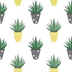 Wall murals Plants in pots green house plants in the yellow and gray pots sansevieria haworthia aloe scandinavian style boho seamless pattern vector