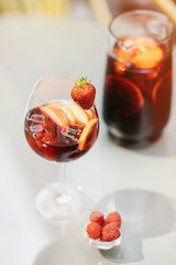 Top view of summer dinks, fruit cocktails on white wood table wi