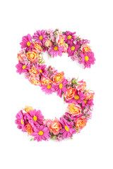 letters and numbers made from live flowers isolated on white background, make text with flowers alphabet, exclusive idea for graphic