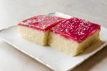 Turkish Semolina Dessert Muhallebi Pudding with Jelly Raspberry and Coconut Powder / Trilece