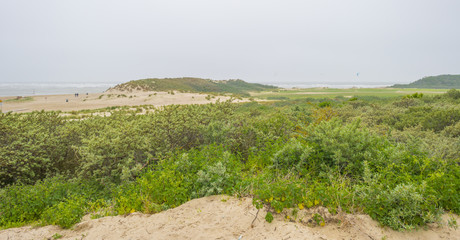 Recreational beach along the North Sea viewed from a dune in spring
