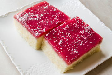 Turkish Semolina Dessert Muhallebi Pudding with Jelly Raspberry and Coconut Powder / Trilece