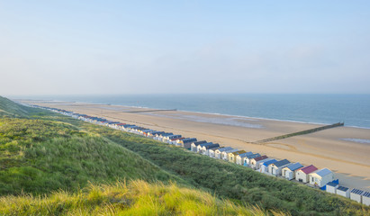 Recreational beach along the North Sea viewed from a dune in spring