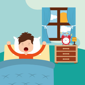 Vector illustration of Little boy waking up in a bed on white background vector illustration