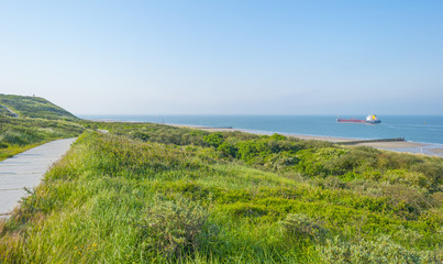 Recreational beach along the North Sea below a blue sky in spring