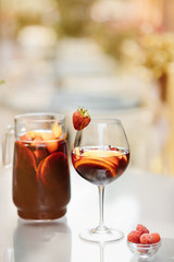 Top view of summer dinks, fruit cocktails on white wood table wi