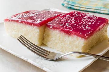 Turkish Semolina Dessert Muhallebi Pudding with Jelly Raspberry and Coconut Powder / Trilece