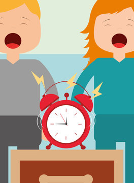 little boy and girl with alarm clock on bedside table vector illustration