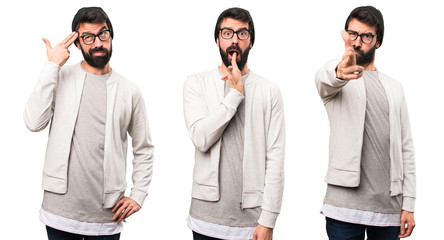 Set of Hipster man making suicide gesture