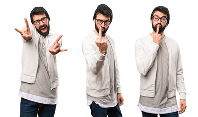 Set of Hipster man making horn gesture