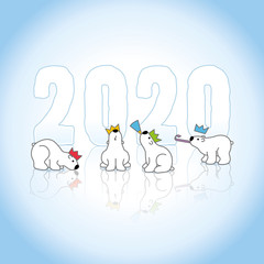 Four Partying Polar Bears in front of Frozen Year 2020 on Ice