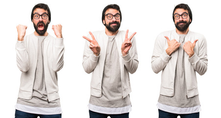 Set of Hipster man making victory gesture