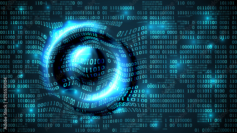 Poster Abstract futuristic cyberspace with binary code and circular waves on the surface, matrix background with digits, internet of things, well organized layers