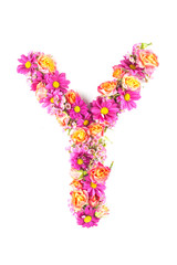 letters and numbers made from live flowers isolated on white background, make text with flowers alphabet, exclusive idea for graphic