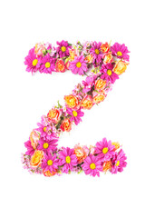 letters and numbers made from live flowers isolated on white background, make text with flowers alphabet, exclusive idea for graphic