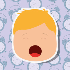 young boy face yawning clocks background vector illustration