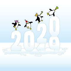 Partying Penguins Celebrating on Changing Year 2019-2020 Melting on Ice