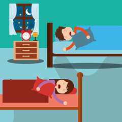 bedroom with kids sleeping in beds room bedside and clock vector illustration