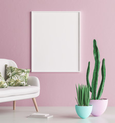 Mock up poster frame interior background with sofa and cactus, 3d render - obrazy, fototapety, plakaty