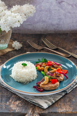 Sichuan pork, broccoli, red pepper and cashew stir-fry with rice