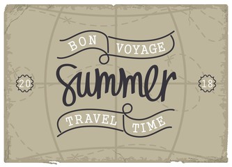 Bon Voyage. Summer travel time. Calligraphy label on vintage postcard background. Vector illustration 