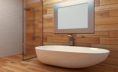 Fototapeta na wymiar Clean and fresh bathroom with natural light. 3D rendering. Blank paintings. Mockup.