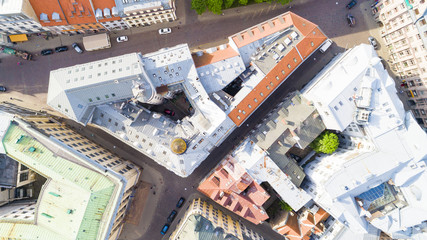 Top view on the old town with buildings and streets in Riga city, Latvia, bird eye view