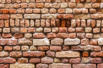 Old vintage brickwall built by random pattern with different sizes of bricks