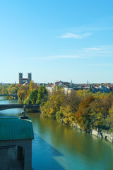 Aerial View of the river Isar with Maximilianbrucke and Mariannenbrucke from the museum island,...