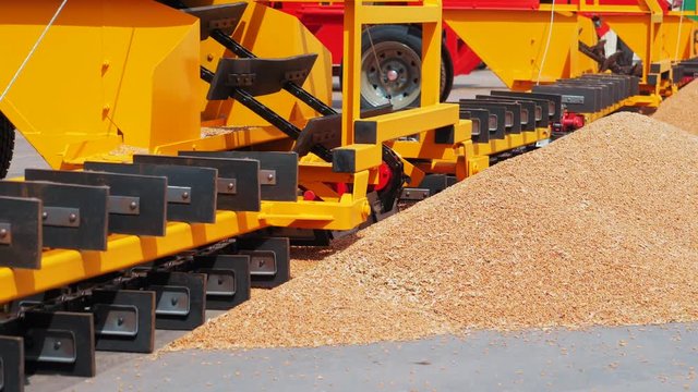 Modern grain loader and separation agriculture machinery vehicle, farming machine for work with harvest, close up