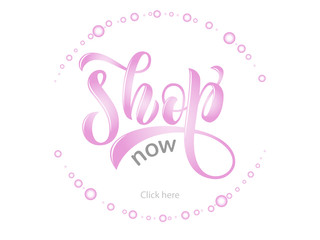 Vector text shop now for online shop market store of clothes cosmetics banner card desine element