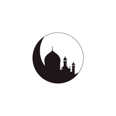 Silhouette of mosque with minarets on moon Crescent. Concept for Islamic Muslim holiday for celebration Mawlid birthday of prophet Muhammad, holy month of Ramadan Kareem, Eid Mubarak