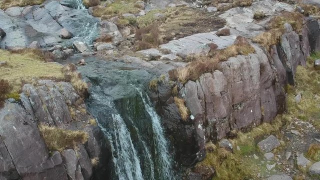 Waterfall at Conner Pass on Dingle Peninsula - aerial flight footage