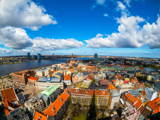 Naklejka na ściany i meble Top view of the old city of Riga and river Daugava