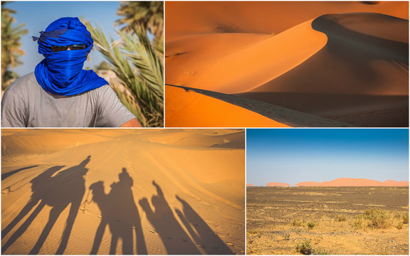 Collage of Merzuga dunes in Sahara, Morocco.
