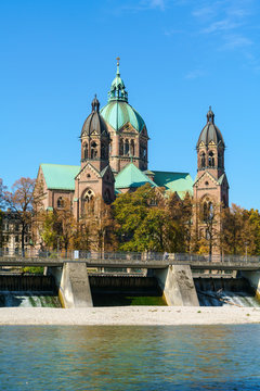 St. Luke Church near Isar river and Wehrsteg, Munich, Germany