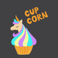 Funny head unicorn in cupcakes. Design element for print on clothes.