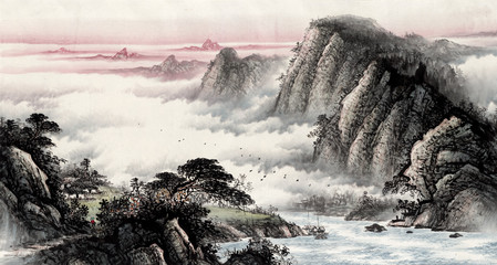 Fototapety  Chiński tradycyjny obraz kultury malarstwa wodnego i wodnego krajobrazu water