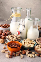Alternative types of milks. Vegan substitute dairy milk.
