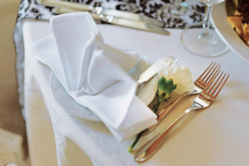 Wedding table decoration with flowers and art elements. Wedding decor. Close up of table appointments. Luxury catering at event