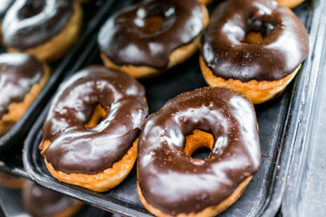 Chocolate icing donuts with holes closeup on bakery tray, deep fried vanilla, delicious tasty