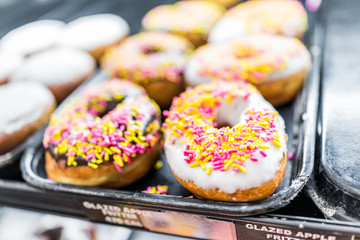 Chocolate and white icing donuts with pink sprinkles closeup on bakery tray, deep fried vanilla, delicious tasty with holes