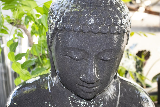 Closeup of wet face of buddha in yard water fountain with blurred plants in background