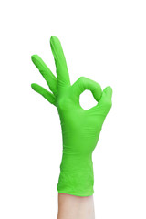 Ok sign  made of  green medical gloves. Fingers Okay symbol. Healthy lifestyle, vitamins, vaccination, afraid of injections, medical store, pharmacy,  recovery, useful habits, proper nutrition